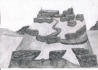 Type I.1a. An artist's conception of an all-stone corbelled citadel with staggered ramparts in the foreground (drawn by Kleo Belay)